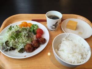 Typical Japanese buffet breakfast options (minus the fish and pickled veggies).